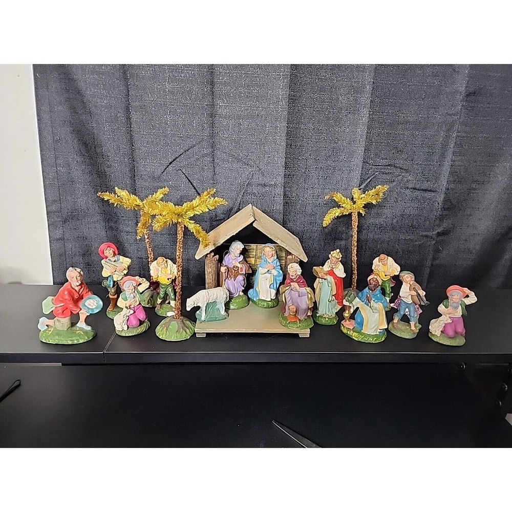 Antique 40s German Putz Chalkware Nativity Set w/ Creche 17pc Composition Palm